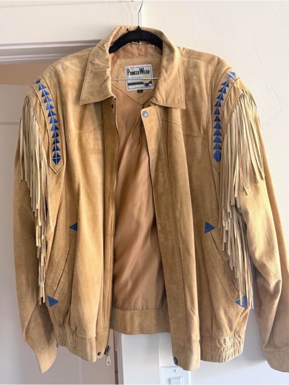 PIONEER Suede Jacket in Tan with Blue Snap Accent